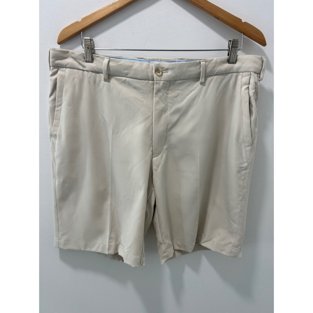 Peter Millar Mens Performance Golf Shorts Stone Beige Size 36 Flat Front Khaki
